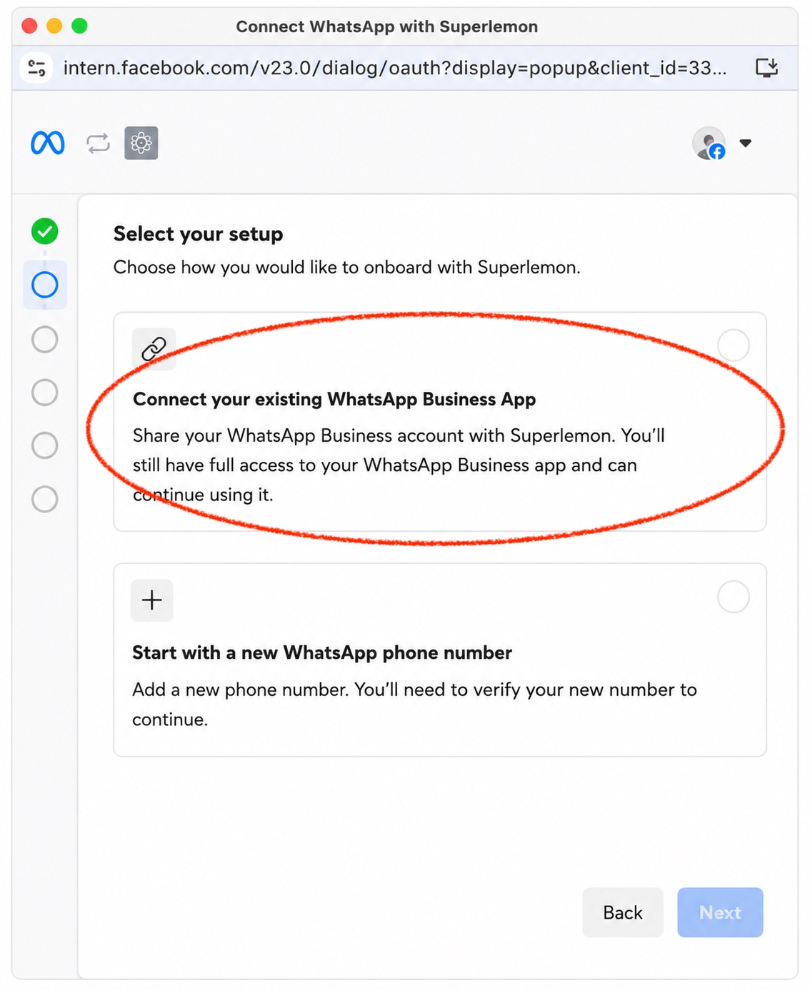 Select your setup — Connect your existing WhatsApp Business App