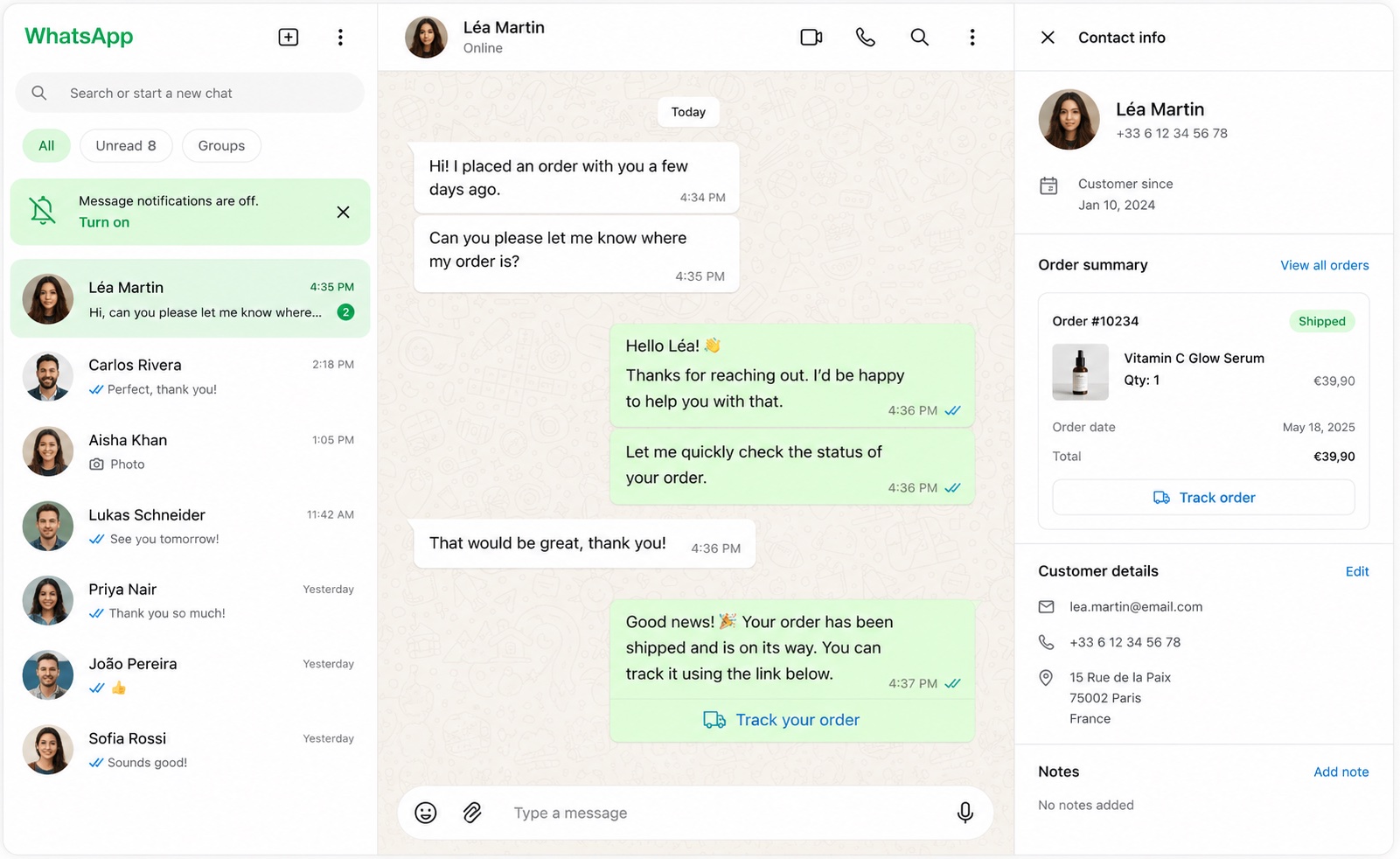 WhatsApp CRM for E-commerce stores screenshot