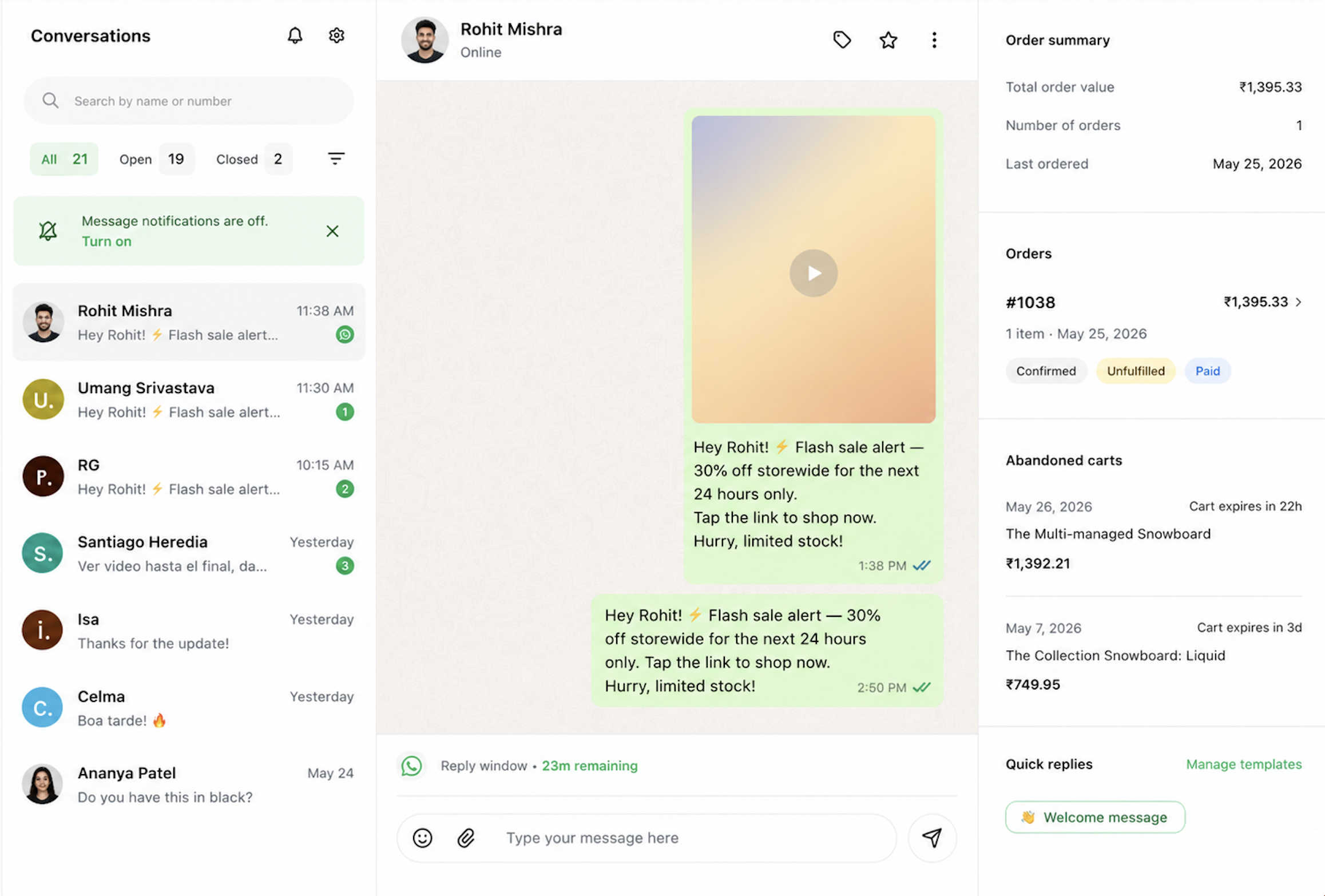 WhatsApp Inbox for E-commerce stores screenshot